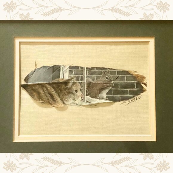 Original Shirley Griffin Feather Art – Cat & Squirrel Scene - Picture 2 of 4